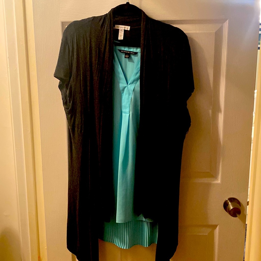 Turquoise blue sleeveless shirt and black sweater